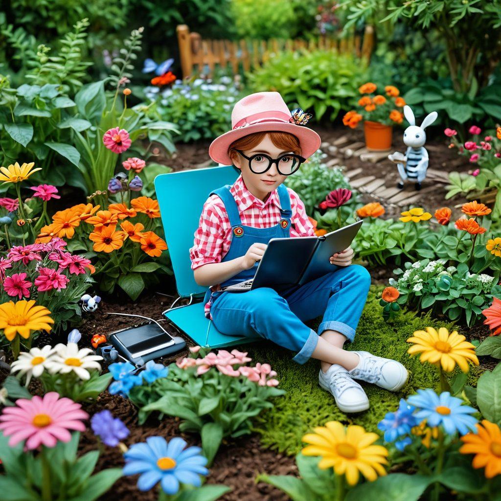 A whimsical scene depicting a tiny blogger passionately creating content in a vibrant garden, surrounded by miniature gadgets like a tiny laptop and notepad, colorful flowers, and friendly insects as an audience. The atmosphere is lively, emphasizing the charm of small-scale creativity. The blogger, a cheerful character, is wearing oversized glasses and a quirky hat, conveying a sense of fun. super-realistic. vibrant colors. whimsical style.