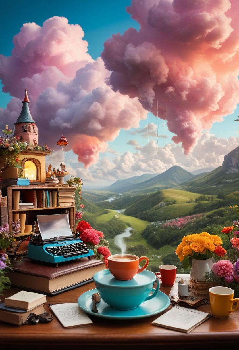 A whimsical landscape filled with tiny bloggers at their miniature desks, each surrounded by oversized whimsical elements like giant coffee cups, lush flowers, and vibrant books. Above, a surreal sky filled with fluffy clouds shaped like speech bubbles, symbolizing conversation and creativity. Emphasize diversity with bloggers of various backgrounds. The scene should be lush and colorful, capturing the enchantment of the miniature blogosphere. vibrant colors. whimsical style. soft focus.